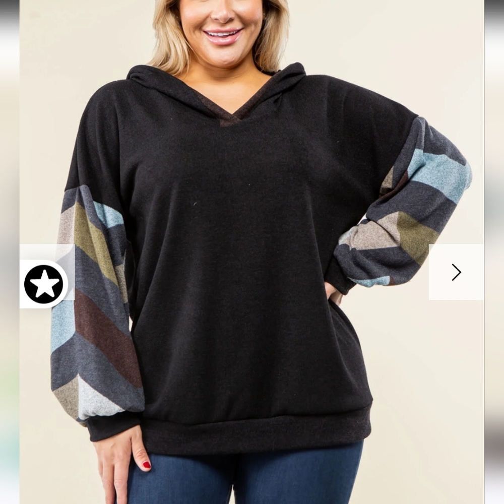 Egs California 1XL Womens Sweater Hoodie Black Chevron Bishop Sleeve